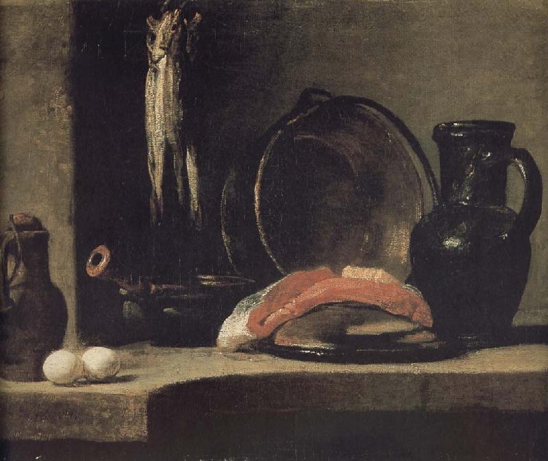 Jean Baptiste Simeon Chardin Watering can two egg earthenware cooking pot three yellow eye monkshood fish copper clepsydra fish fillet and jar